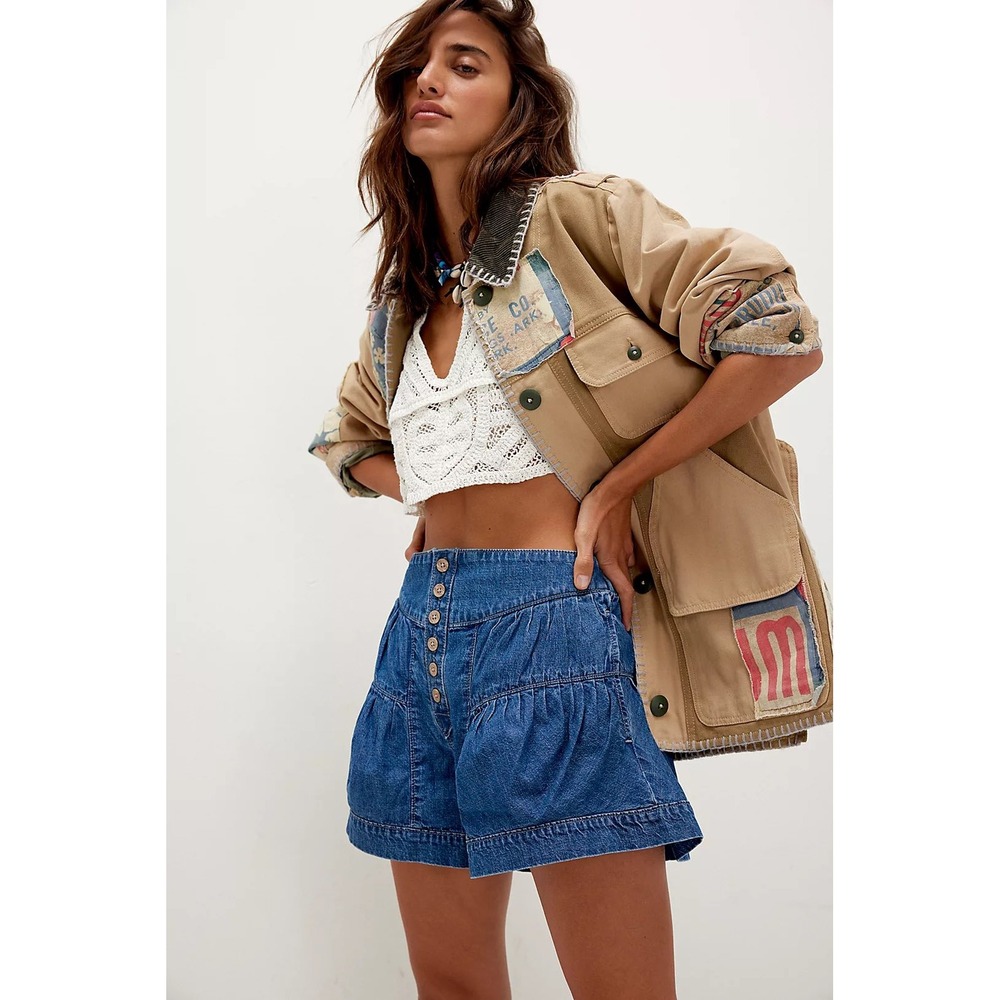 NWT We The Free Fleur Denim Shorts True Blue High Rise Tiered Bloomer S